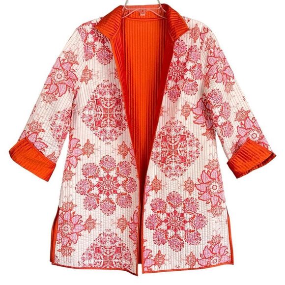 Quilted Reversible Kimono Jacket One Size Open Block Print Iridescent Orange OS - Picture 1 of 14